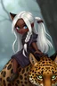 Placeholder: a cute eight-year-old female sorceress, dark skin, with straight snow white hair tied in a braid, blue eyes, riding on the back of a giant furry leopard cat