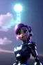 Placeholder: a beautiful full frame portrait digital painting of a futuristic animepunk robot listening to music, wide angle view, close-up, macro lens, centered camera, titanium accents, intricate details, small minutiae, tiny features, purple hair, green eyes. particulars, colorful, 8k, least ambient occlusion, volumetric lighting, volumetric clouds