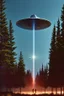 Placeholder: year is 1966 (a bunch of school kids) see ufo flying over tall pine trees, concept art, by Asaf Hanuka, by Weta Digital, Electric Colors, Screen Space Global Illumination, in a symbolic and meaningful style, 3 large lights underneath ufo glow with intense fury, the craft has flat bottom