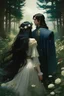 Placeholder: A princess wearing a flowery hat, with her back to the camera, in the middle of a beautiful trail in a flowery forest, long black hair, flowy gown, facing an extremely handsome prince, semi realism, book cover, female protagonist, man facing us, woman away from us