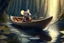 Placeholder: strong mouse rowing in boat, in forest by stream, book illustration, fine detail, 4k, trending, volumetric light, depth of field