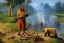 Placeholder: neanderthal holding a club, cave, bear, campfire, stone age, Impressionism, masterpiece, mellow, dawn,