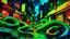 Placeholder: Comic style, Neon snakes of various colors, including bright greens and blues, cascade down sienna enamel streets, their luminous bodies creating a mesmerizing display in a dark, rainy cityscape., split gradient colors background, studio lighting, copy background, professional grading, advertising, graphic illustration, comic art graphic novel art, highly detailed