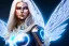 Placeholder: A beautiful portrait of a cute smiling cyber woman with wings, long blond platinum hair, luminous blue eyes, high key lighting, volumetric light high details with blue and white stripes white luminous celtic paterns, beam starry background