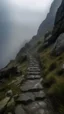 Placeholder: narrow stone path above the ground gradually getting higher into the clouds no railings, dangerous drop people in black leathers medievil period weather is wet spiraling into the clouds fantasy, a mountain with waterfall showing in the background human skuo on the sides of the trail