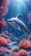 Placeholder: Kawaii, Cartoon, one cute dolphin in the ocean floor with bright colorful corals, All body, with sweet eyes, two fins and a perfect dolphin tail , blue and pink lighting, Caricature, Realism, Beautiful, Delicate Shades, Lights, Intricate, CGI, Botanical Art, Animal Art, Art Decoration, Realism, 4K , Detailed drawing, Depth of field, Digital painting, Computer graphics, Raw photo, HDR