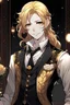 Placeholder: Anime boy at a masquerade ball wearing fitted waistcoat, stark black against the crisp white of his button-up. His sleeves were loosely rolled up to reveal toned forearms. Still, the top two buttons of his shirt had been purposefully left undone, his long golden hair artfully ruffled in a very long braid and he had hazel eyes