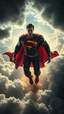 Placeholder: Superman nuke bomb flying above swirling clouds, emerges from the heart of a raging storm. Turbulent winds of steam swirl around the louds lit by shafts of sunlight that cast dramatic shadows on the strong body High quality 16k cinematic scene and great photography