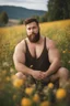 Placeholder: full figure photography, shy muscular big fat chubby, 35mm lens, burly italian man short hair, 27 years old sitting in the meadow with a flower in a hand, near a big farm , red short beard, , hairy armpits, manly armpits, ugly, manly chest, hairy chest, big shoulders, , huge belly, manly chest, shirtless, with boxer, emotive eyes looking at camera, photorealistic ,sunlight , ambient occlusion, side view, poetic composition, golden ratio