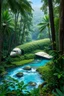 Placeholder: An airplane crashed covers a green leaves among relict trees, tropical forest in some places covered with ivy, around blue beautiful river fantasy, photo
