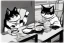 Placeholder: A cat wearing clothes is sitting at a table eating sushi. Manga style. Perfect iris. Paws. Mug with cat face