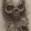 Placeholder: horror burlap sack mask over the head and face, a haunted mage necromancer holding a chainsaw wearing old bloody and dirty torn clothing full body zoomed out focus shot] trending on Artgemm hand drawn freestyle sketch charcoal pencil