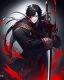 Placeholder: Boy holding a sword with a look of murderous intent, black hair and red eyes, Wears a stealthy outfit, he has a symbol with the letter Z in the middle on his clothes, his hair is short, on his sword there was blood, black background reminiscent of a nightmare