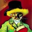 Placeholder: oil portrait of a cat with hat reading a book and smoking with wooden tobacco pipe by Van Gogh 4k