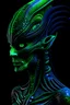 Placeholder: Alien 6 feet, with a slender and graceful figure. skin is a mesmerizing blend of deep, dark, reminiscent of a moonlit forest.midnight blue, emerald green, and deep purple. The skin is intricate patterns that resemble constellations, eyes are large, glowing with an eerie, phosphorescent light.a piercing shade of neon green,aura.face is framed by long, flowing tendrils of bioluminescent hair, reminiscent of glowing jellyfish tentacles.