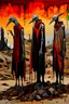 Placeholder: long-legged surreal lean black-grey figures with beak-shaped heads in overcoat, profile, semi-silhouettes among ramshackle ruins in a barren landscape of red, yellow, black and beige colors, intricate acrylic painting