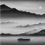 Placeholder: three layers of mountains lit by sunset in the background, shimmering lake in the front with a single small gray boat, pale mono-color, in the style of ancient chinese ink wash painting