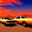 Placeholder: muscle car, desert road, sunset, full colour, realistic