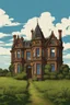 Placeholder: Disused, Victorian Manor House, Blue Sky, Over-Grown Fields, Vector Art