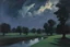 Placeholder: Trees, night, clouds, one person, 2000's sci-fi movies influence, alfred munnings impressionism painting