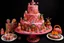 Placeholder: A light pink magical carnival made out cakes and cookies designed in Indian Gond art painted by Frank Wilson