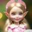 Placeholder: close up on elf as dollie deluxe, bright eyes, post card, toy train, front teeth, skin imperfection, princess tiara, cup of tea, toy dog