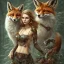 Placeholder: très belle femme à tête de renard multicolore guerrière sourire heroic fantasy dans une forêt de sapins brouillard