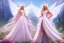 Placeholder: castle in background, beautiful, soft, big smiling, straight and long blonde hair, blues eyes, dewy and shiny atmosphere, diamond crown, long fairy wings in the back, full head, pink veil clothes