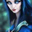 Placeholder: female half-elven sorcerer wearing a blue dress, long black hair, dark blue eyes, pretty face, close-up, realistic