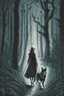 Placeholder: in the style of a Henry Justice Ford drawing, a beautiful witch walks through a dark forest, ahead of her is a dog