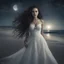Placeholder: Beautiful smily brazilian young lady with long dark curly hair wearing an elegant gothic style white dress made entirely out of lace on the beach during moonlight romantic night breathtaking scene 3d hd whimsical stylized gothic fractal recrusive scene