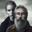 Placeholder: a young woman sitting next to a 50-year-old man with a beard and short hair, portrait, 8K, close-up face, anatomically perfect face, Highly detailed stunning full frame portrait, misty and cloudy atmosphere