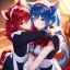 Placeholder: Clear Focus, High resolution, wearing a maid uniform, fluffy hair and a long ponytail, blue hair, cat ears, meowing, hugging another girl with red long fluffy hair also wearing a maid outfit, looking at you