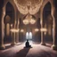 Placeholder: Hyper Realistic man doing sajdah inside a beautifully crafted mosque with fancy walls & pillars, chandeliers & beautiful carpet at night