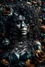 Placeholder: abstract creation of a beautiful girl with black curly hair, surrounded by black roses, thick metal chain broken, glass petals on the ground, autumn colours,dried out thorn bush, chaos,