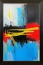Placeholder: an abstract painting featuring a blend of colors. Dominant shades of blue, black, and red create intriguing patterns across the canvas. Streaks of yellow intersect, forming geometric shapes. The painting is framed in a simple black frame. Its abstract nature invites various interpretations.