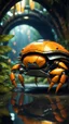 Placeholder: magazine cover, metallic yellow orange crab turtle robot chivalry knight with cute face in dark lit reflective wet jungle metallic hall dome hotel tunnel, in the style of fallout 4 game,bokeh like f/0.8, tilt-shift lens 8k, high detail, smooth render, down-light, unreal engine, prize winning