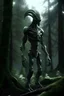 Placeholder: extremely realistic 4k highly-detailed image of a tall muscular silver metallic xenomorph, seen from a distance, standing in a mossy field in a mystical forest. dark green tones, fairytales, happiness