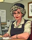 Placeholder: older woman hotel desk clerk from an american comic