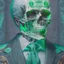 Placeholder: a head and shoulders portrait of a skeleton dressed in a three-piece suit as the president of the united states, based on us currency, united states one dollar bill, shades of green, real-life, colors match the united states one dollar bill, realistic, robotic,