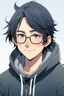 Placeholder: An anime adult man with glasses, fluffy black hair, wearing a hoodie