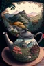 Placeholder: Cozy vibes drawing art tea pot, garden inside tea pot with Appalachia in the background