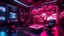Placeholder: Cyberpunk VR room. Detailed. Rendered in Unity. Japanese elements. Black and red lighting. Holograms. add a sakura tree into the room. Add two VR machines and two chairs with VR goggles