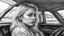 Placeholder: Black and white pencil sketch of a sad blonde driving a car, tears, photorealism, 3d, 64k, high resolution, hyperrealism, f/16, 1/300s.