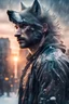 Placeholder: double exposure, Wolf Man, man, city, sunset, snow, rain, wind, fantasy, mystical, tattoo, vertical pupils, high detail, high resolution, 8K