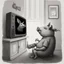 Placeholder: pig watching a tv about video game persona with a rabbit playing music beksinski style