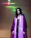 Placeholder: painting by koson ohara and marta bevacqua, portrait of a beautiful goth woman with long black hair, wearing a plastic raincoat, purple neon lighting, 8k, high quality, highly detailed