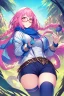 Placeholder: Kyoto Animation stylized anime ~ Beautiful woman with braided pink hair, Pink eyes, and freckles. wearing a blue scarf, glasses, adventurer outfit, bootyshorts and thigh highs. feminine pose in a field. Cinematic Lighting, ethereal light, intricate details, extremely detailed, incredible details, full colored, complex details, insanely detailed and intricate, hypermaximalist, extremely detailed with rich colors. masterpiece, best quality, aerial view, HDR, UHD, unreal engine. plump