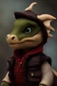 Placeholder: Side portrait of a cute baby dragon wearing a short jacket and a small wool hat