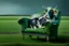 Placeholder: A cow sitting on an armchair in large dark green field , soft colors. Photorealistic